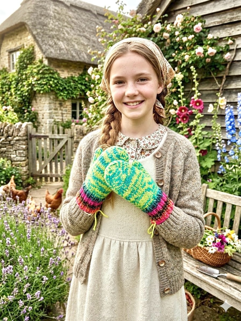 Artisan Bright Green and Pink Kids Mittens - Hand-Knit Stripes